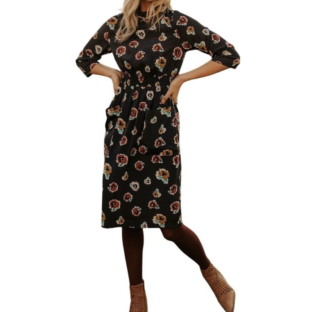 Roolee Floral Midi Dress Women XL Navy Blue Smocked Waist Pockets Cottage Boho